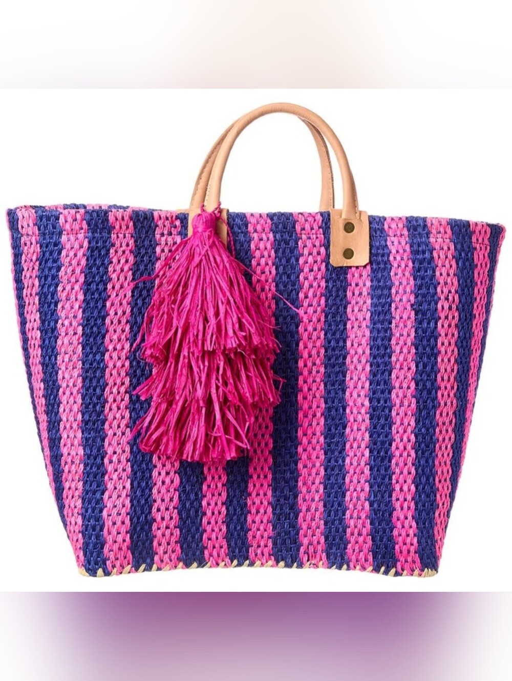 Striped Pink & Navy Tote with Fuchsia Tassel